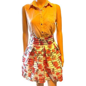 Sleeveless Blouse with Floral Mini Pleated Skirt Elegant Wear Women Size S